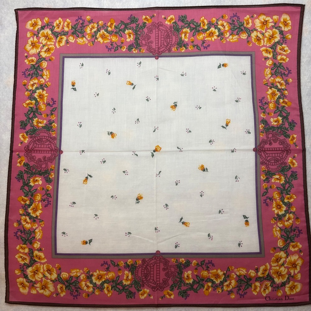 VTG CHRISTIAN DIOR Scarf Handkerchief Floral Cotton Pink 18.5"